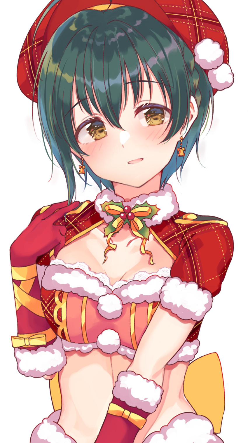 1girl absurdres blush bow breasts brown_eyes crop_top earrings fur-trimmed_gloves fur_collar fur_trim gloves green_hair hair_between_eyes hand_up highres holly idolmaster idolmaster_cinderella_girls idolmaster_cinderella_girls_starlight_stage jewelry kohinata_miho looking_at_viewer medium_breasts midriff mistletoe open_mouth red_gloves red_headwear shiitake_taishi short_hair shrug_(clothing) solo upper_body yellow_bow