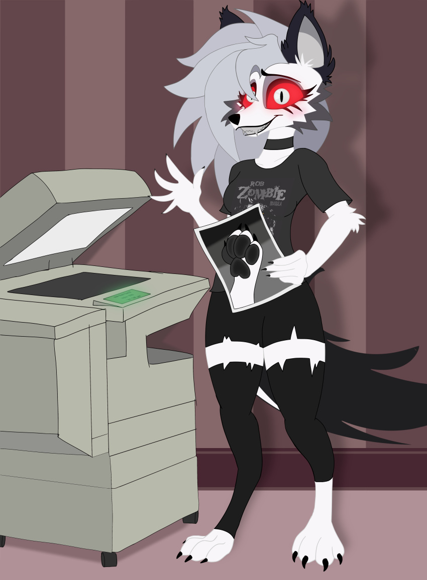 absurd_res blush canid canid_demon caught clothing demon female fluffy fluffy_ears glowing glowing_eyes hellhound helluva_boss hi_res loona_(helluva_boss) mammal paws photocopier shirt solo t-shirt topwear underpaw voonko