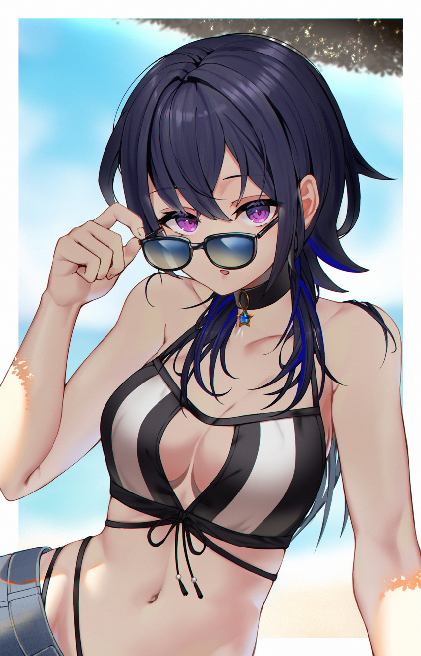 1girl :o beach_umbrella bikini black_bikini black_choker black_hair blue_hair breasts center_opening choker day front-tie_bikini_top front-tie_top grey_shorts hair_between_eyes highres ichinose_uruha long_hair looking_at_viewer medium_breasts multi-strapped_bikini_bottom multicolored_hair navel ocean shioneko_(0202) shorts solo stomach streaked_hair sunglasses swimsuit umbrella virtual_youtuber vspo! white_bikini wolf_cut