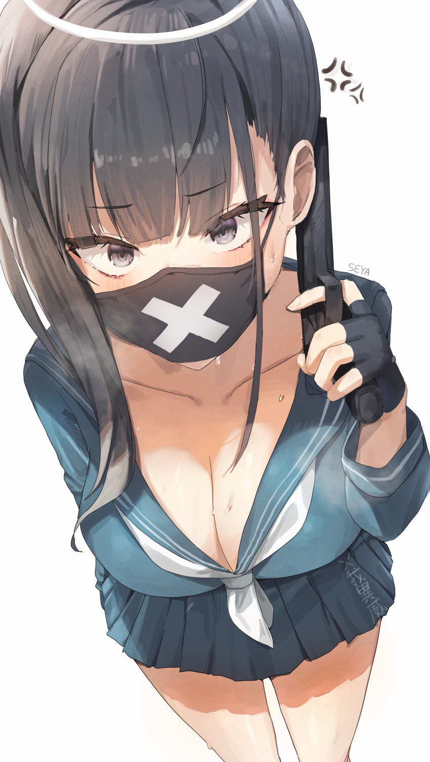 1girl absurdres anger_vein black_eyes black_hair black_mask blue_archive blush breasts cleavage collarbone delinquent extra fingerless_gloves from_above gloves gun halo highres holding holding_gun holding_weapon large_breasts long_hair long_sleeves looking_at_viewer main371 mask mouth_mask neckerchief pleated_skirt sailor_collar school_uniform serafuku side_ponytail simple_background skirt solo submachine_gun sukeban_(smg)_(blue_archive) sweat sweatdrop weapon white_background white_neckerchief