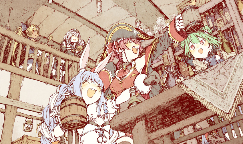 5girls :d abara_heiki alcohol animal_ear_fluff animal_ears armor bare_shoulders beer_mug bicorne black_bow black_gloves black_hairband blonde_hair blue_hair blush bottle bow braid breasts carrot_hair_ornament ceiling ceiling_light closed_eyes commentary cup dark-skinned_female dark_skin detached_sleeves don-chan_(usada_pekora) double_bun elf food-themed_hair_ornament from_below gloves green_hair grey_hair hair_bow hair_bun hair_ornament hairband hand_up hat highres holding holding_bottle holding_cup hololive hololive_fantasy houshou_marine indoors lantern liquor long_hair looking_at_another looking_down medium_breasts mug multicolored_hair multiple_girls open_mouth pirate_hat pointy_ears ponytail rabbit_ears red_eyes red_hair shiranui_flare shirogane_noel sidelocks skull_hair_ornament smile table tablecloth tavern twin_braids twintails two-tone_hair uruha_rushia usada_pekora usada_pekora_(1st_costume) virtual_youtuber white_hair wine_bottle