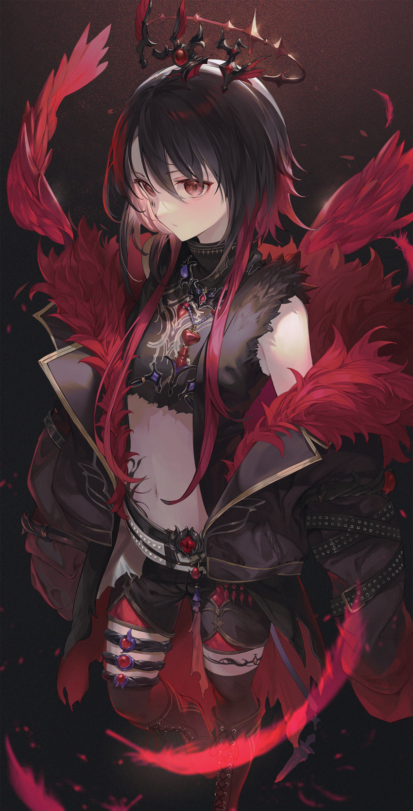 1girl absurdres black_hair black_shirt black_shorts black_vest brown_eyes crop_top cropped_shirt fur-trimmed_jacket fur_trim gradient_hair halter_shirt halterneck highres iris_black_games jacket kisaragi_ren_(vtuber) long_hair long_sleeves looking_at_viewer midriff multicolored_hair nakashima_(pluscolor) navel red_hair shirt short_hair_with_long_locks shorts sidelocks sleeveless sleeveless_shirt solo vest virtual_youtuber vspo!