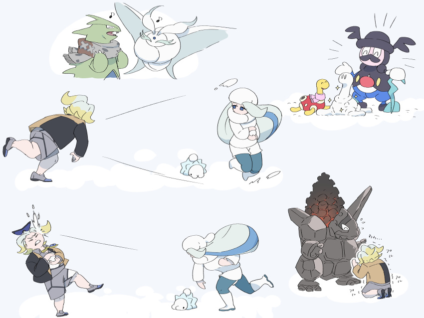 1boy 1girl absurdres blonde_hair clenched_teeth closed_eyes coalossal commentary_request fangs frosmoth gordie_(pokemon) grey_footwear grey_shorts highres jacket kneeling melony_(pokemon) mira_(miramita8727) mother_and_son motion_lines mr._rime multiple_views musical_note open_mouth pokemon pokemon_(creature) pokemon_(game) pokemon_swsh scarf shoes shorts shuckle simple_background snom snowball snowball_fight teeth throwing trembling tyranitar white_background