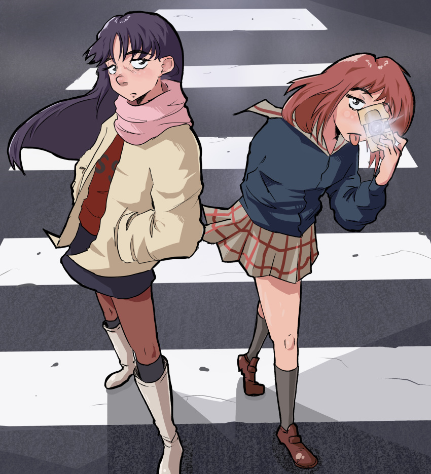 2girls absurdres blue_skirt boots brown_footwear camera dentedhood flcl grey_socks highres holding holding_camera multiple_girls ninamori_eri pink_scarf purple_hair sailor_collar samejima_mamimi scarf school_uniform skirt socks taking_picture tongue tongue_out white_footwear