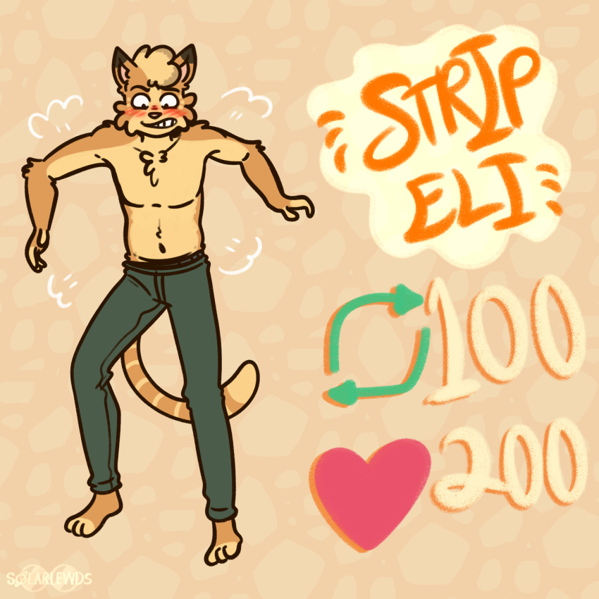 anthro art_meme blush breaking_the_fourth_wall clothed clothing digital_media_(artwork) eli_(solarlewds) english_text felid feline fur hi_res male mammal meme multicolored_body multicolored_fur partially_clothed shirtless simple_background solarlewds solo text twitter yellow_body yellow_fur