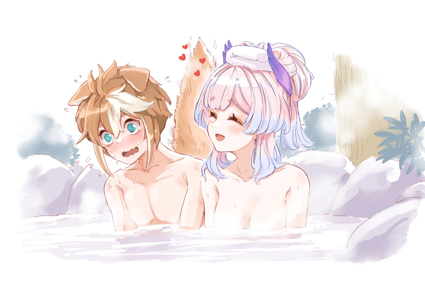 1boy 1girl @_@ alternate_hairstyle animal_ears blush breasts brown_hair closed_eyes completely_nude dog_boy dog_ears dog_tail flying_sweatdrops genshin_impact gorou_(genshin_impact) hair_between_eyes hair_up heart hetero medium_breasts mixed_bathing multicolored_hair nocknocktt nude onsen open_mouth partially_submerged pink_hair rock sangonomiya_kokomi steam tail towel towel_on_head tree water wet white_hair