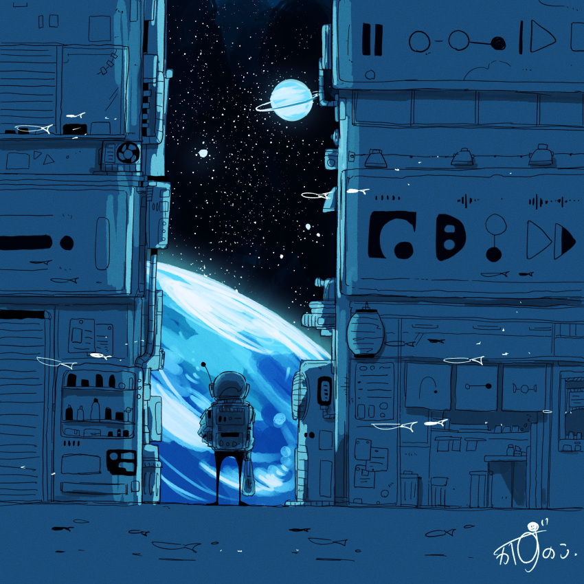 1other absurdres ambiguous_gender backpack bag commentary_request door fish from_behind highres holding holding_bag kazunoko_(kazunoko_zunoco) original planet plastic_bag radio_antenna signature solo space space_helmet star_(sky)