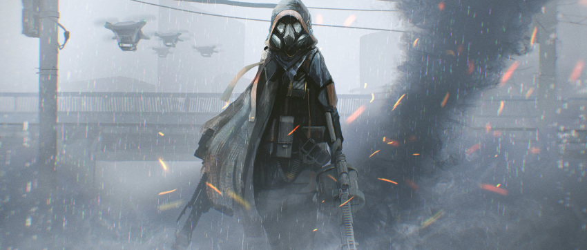 1other absurdres ambiguous_gender ammunition_belt arknights black_cloak black_pants black_shirt bridge building cloak drone dual_wielding facing_viewer gas_mask grenade_launcher highres holding holding_weapon hood hood_up hooded_cloak kusami_toka_naku_au mask pants railing rain shirt skullshatterer_(arknights) smoke weapon