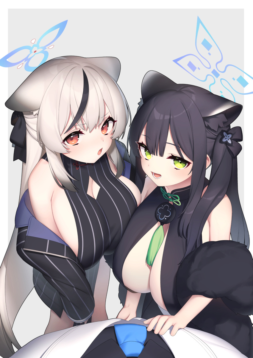 1boy 2girls alternate_breast_size animal_ears black_dress black_hair black_ribbon blue_archive blue_halo breasts cleavage cleavage_cutout clothing_cutout dress green_eyes grey_background hair_ornament hair_ribbon halo highres hsuliherng huge_breasts kokona_(blue_archive) long_hair long_sleeves looking_at_viewer multicolored_hair multiple_girls open_mouth orange_eyes pov ribbon shun_(blue_archive) shun_(small)_(blue_archive) siblings sisters smile streaked_hair striped striped_dress vertical-striped_dress vertical_stripes white_hair