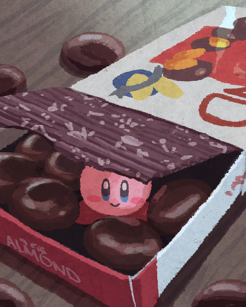 almond blue_eyes blush_stickers box chocolate closed_mouth food food_focus highres in_box in_container kirby kirby_(series) looking_at_viewer meiji_(brand) meiji_almond_chocolate miclot no_humans pink_footwear shoes smile table