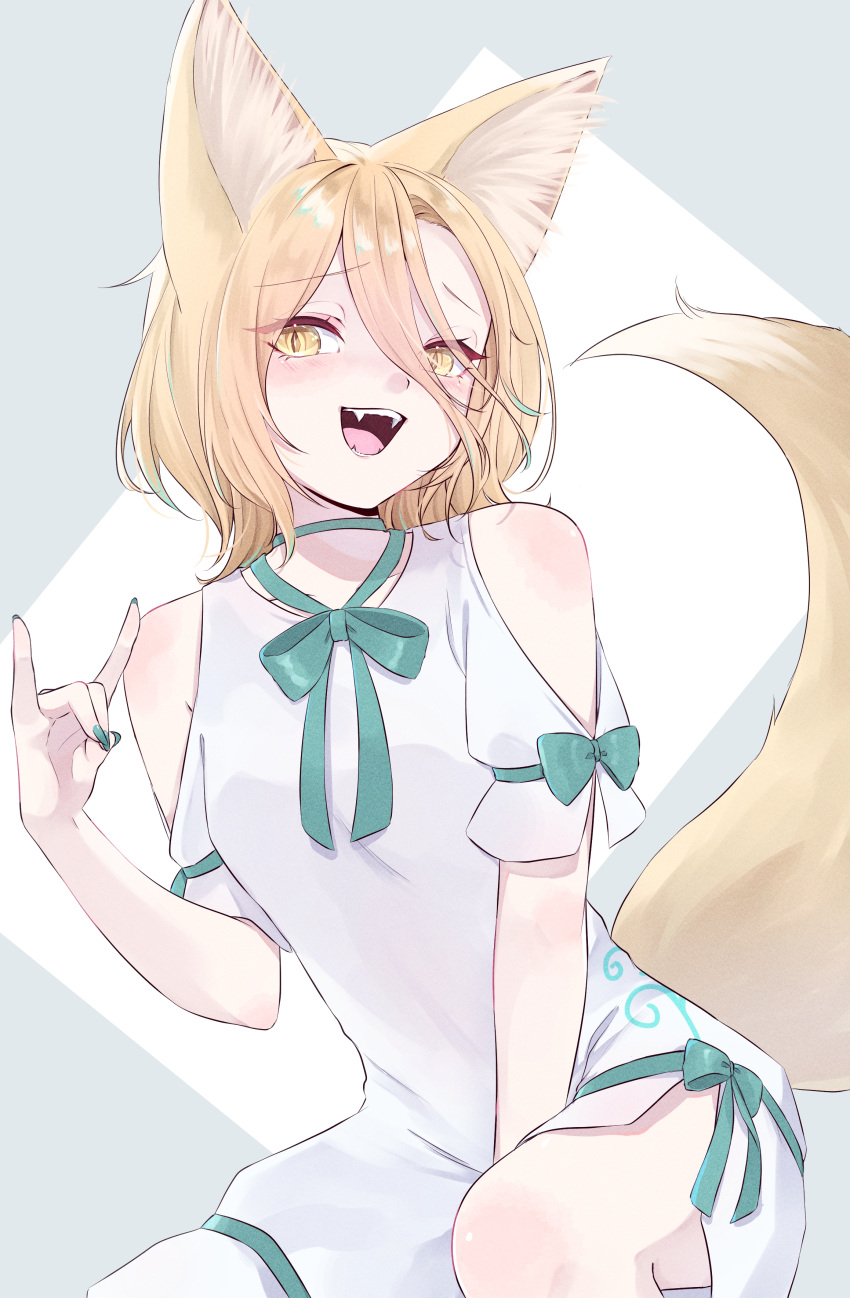 1girl absurdres adapted_costume animal_ears blonde_hair blush fangs fingernails fox_ears fox_shadow_puppet fox_tail green_nails green_ribbon highres kudamaki_tsukasa mizore_arius nail_polish open_mouth ribbon romper short_hair smile solo tail touhou white_romper yellow_eyes