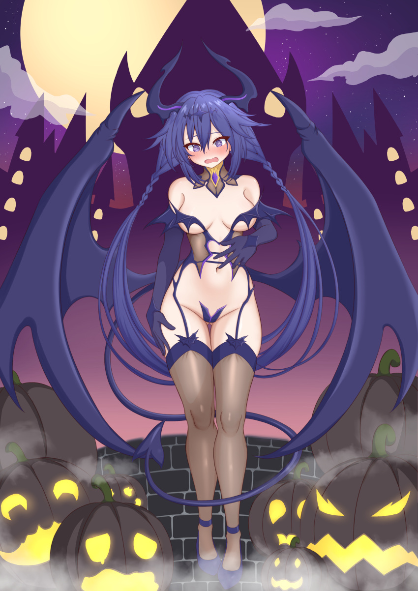 1girl @_@ absurdres alternate_costume ankokuboshi_kurome bare_shoulders black_gloves black_wings blue_gloves blue_wings blush braid breasts castle commission crimsle demon_girl demon_horns demon_tail demon_wings detached_collar elbow_gloves embarrassed full_body full_moon garter_straps gloves groin hair_between_eyes halloween halloween_costume hand_on_own_hip hand_on_own_stomach hand_up highres hip_focus horns legs legs_together long_hair looking_at_viewer medium_breasts moon navel neptune_(series) night night_sky open_mouth outdoors pixiv_commission pumpkin revealing_clothes shin_jigen_game_neptune_vii sky solo star_(sky) starry_sky surprised tail tail_around_own_leg thigh_gap thighhighs thighs twin_braids twintails underboob very_long_hair wings