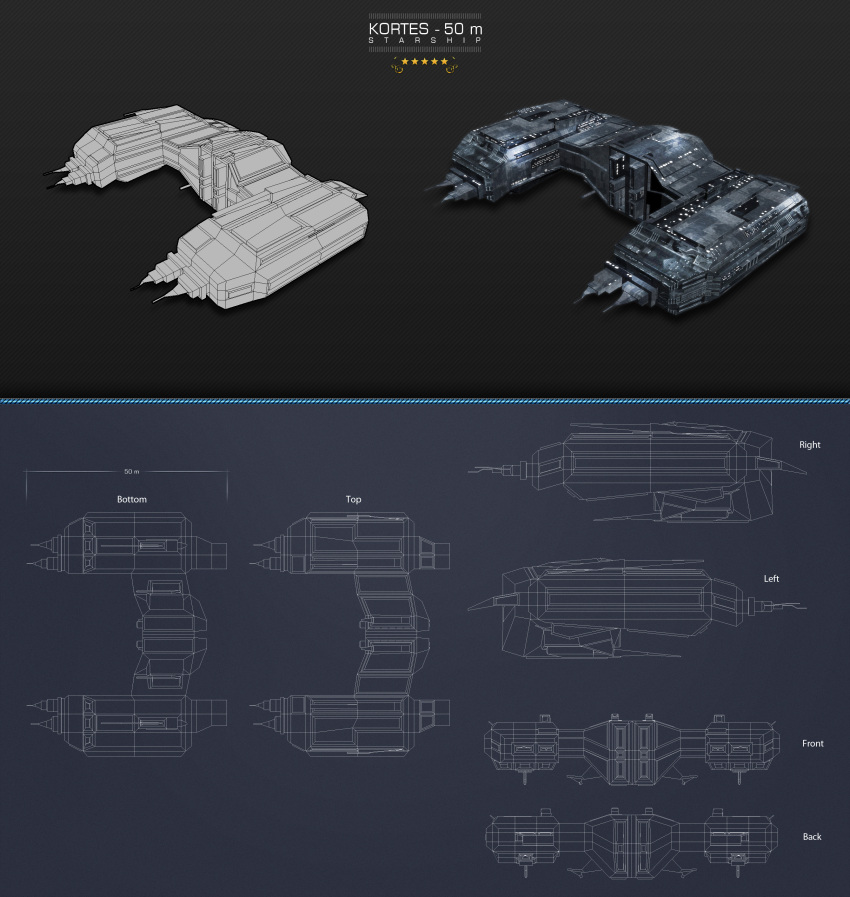 3d absurdres blueprint_(medium) caldari_state_(eve_online) commentary concept_art corvette_(eve_online) eve_online glowing grey_theme highres imonedesign military_vehicle multiple_views no_humans original science_fiction spacecraft vehicle_focus