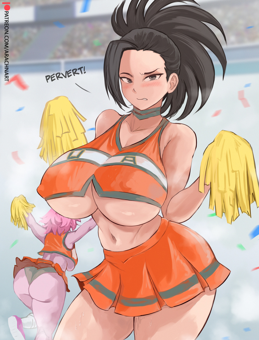 2girls arachnart arms_up ashido_mina ass bare_arms bare_shoulders black_hair black_panties blurry blurry_background blush boku_no_hero_academia breasts cheerleader choker collarbone colored_skin confetti covered_nipples crop_top crowd embarrassed english_text hair_pulled_back hands_up highres large_breasts long_hair midriff multiple_girls navel official_alternate_costume orange_shirt orange_skirt outdoors panties pantyshot patreon_username pink_hair pink_skin pleated_skirt pom_pom_(cheerleading) ponytail print_shirt shirt short_hair skirt sleeveless sleeveless_shirt stadium u.a._cheerleader_uniform underboob underwear yaoyorozu_momo