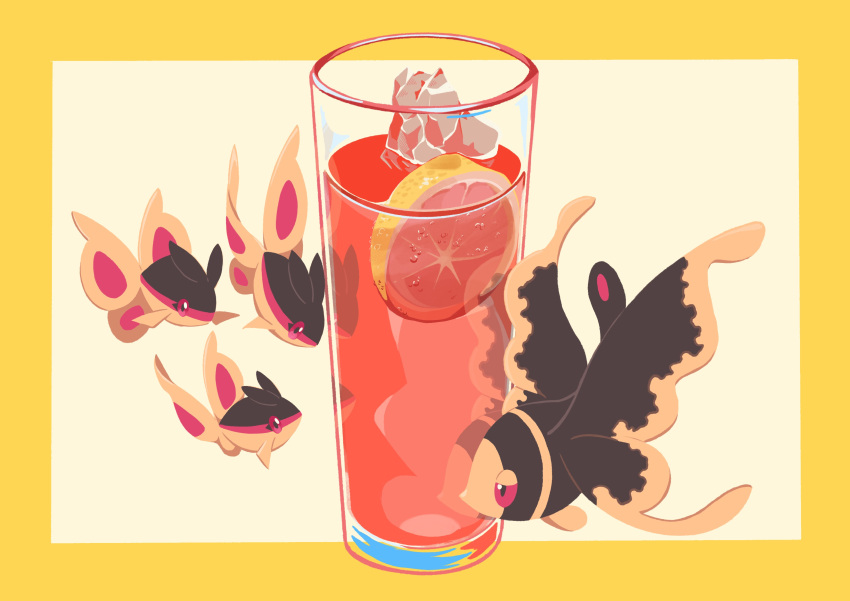 absurdres animal_focus border cup drink finneon fins fish food fruit highres ice ice_cube lemon lemon_slice lumineon mi_ho_chi oversized_food oversized_object pink_eyes pokemon pokemon_(creature) white_background yellow_border