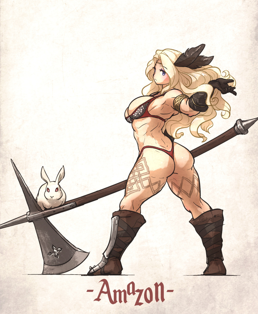 1girl abs absurdres amazon_(dragon's_crown) armlet armor ass axe bikini_armor blonde_hair blue_eyes boots breasts dragon's_crown english_text feather_hair_ornament feathers gloves hair_ornament highres huge_ass huge_breasts ironlily long_hair looking_at_viewer looking_back muscular muscular_female rabbit solo tattoo thong