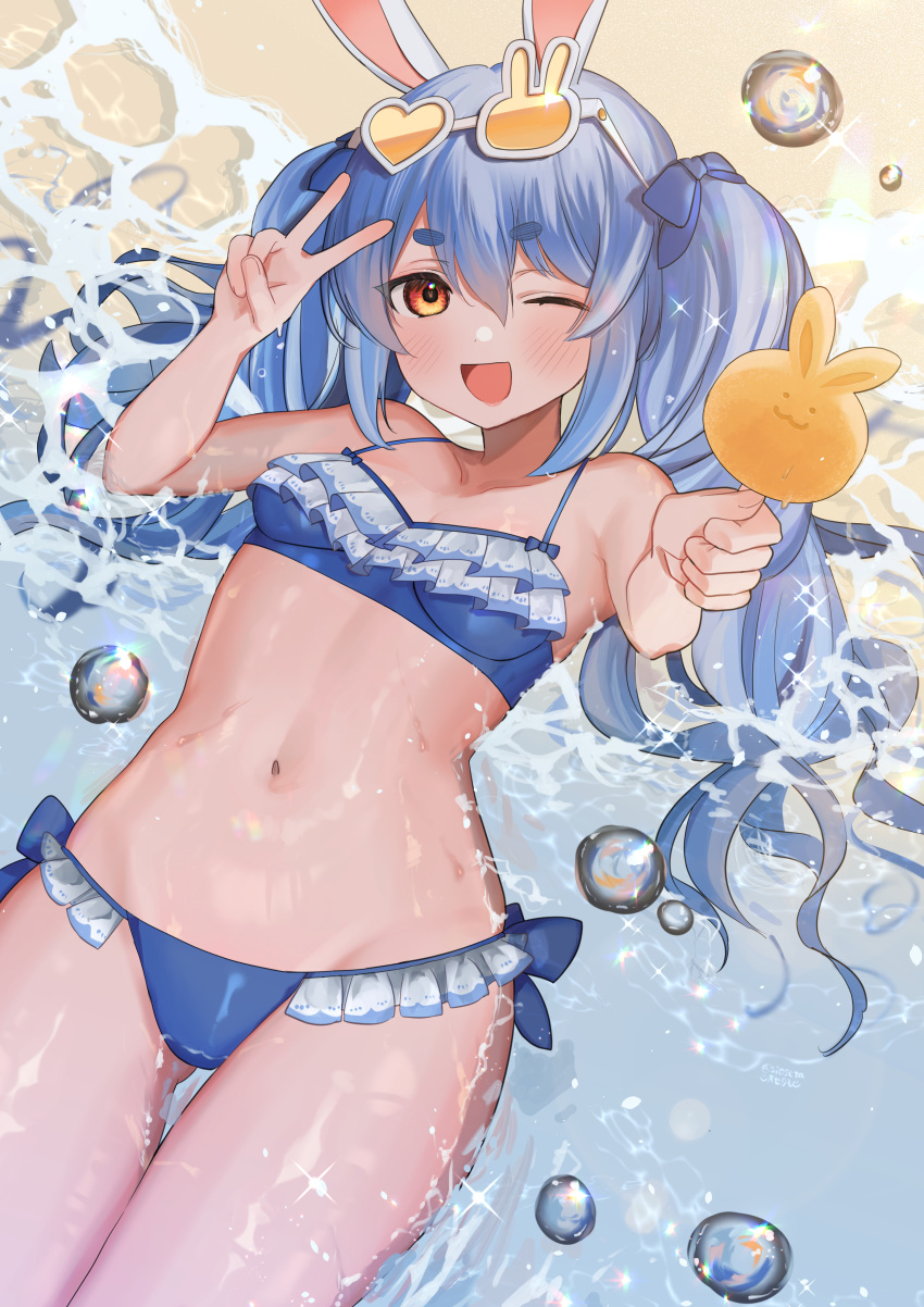 1girl absurdres alternate_costume animal_ears beach bikini blue_bikini blue_hair blue_ribbon blush breasts commentary_request eyewear_on_head frilled_bikini frills hair_ribbon hands_up highres holding hololive long_hair looking_at_viewer lying mixed-language_commentary navel ocean on_back one_eye_closed open_mouth partially_submerged rabbit-shaped_eyewear rabbit_ears red_eyes ribbon siose_tamotsu small_breasts smile solo sunglasses swimsuit thick_eyebrows twintails usada_pekora v virtual_youtuber