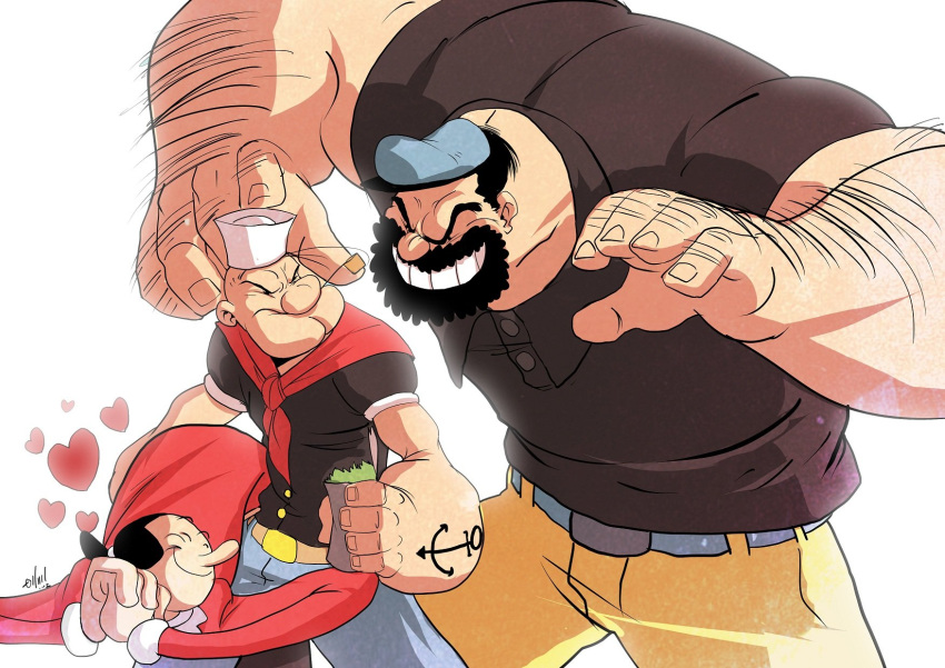 1girl 2boys angry bluto eslam_aboshady evil_smile hat heart highres multiple_boys muscular muscular_male olive_oyl_(popeye) pipe_in_mouth popeye popeye_the_sailor sailor smile smoking_pipe spinach