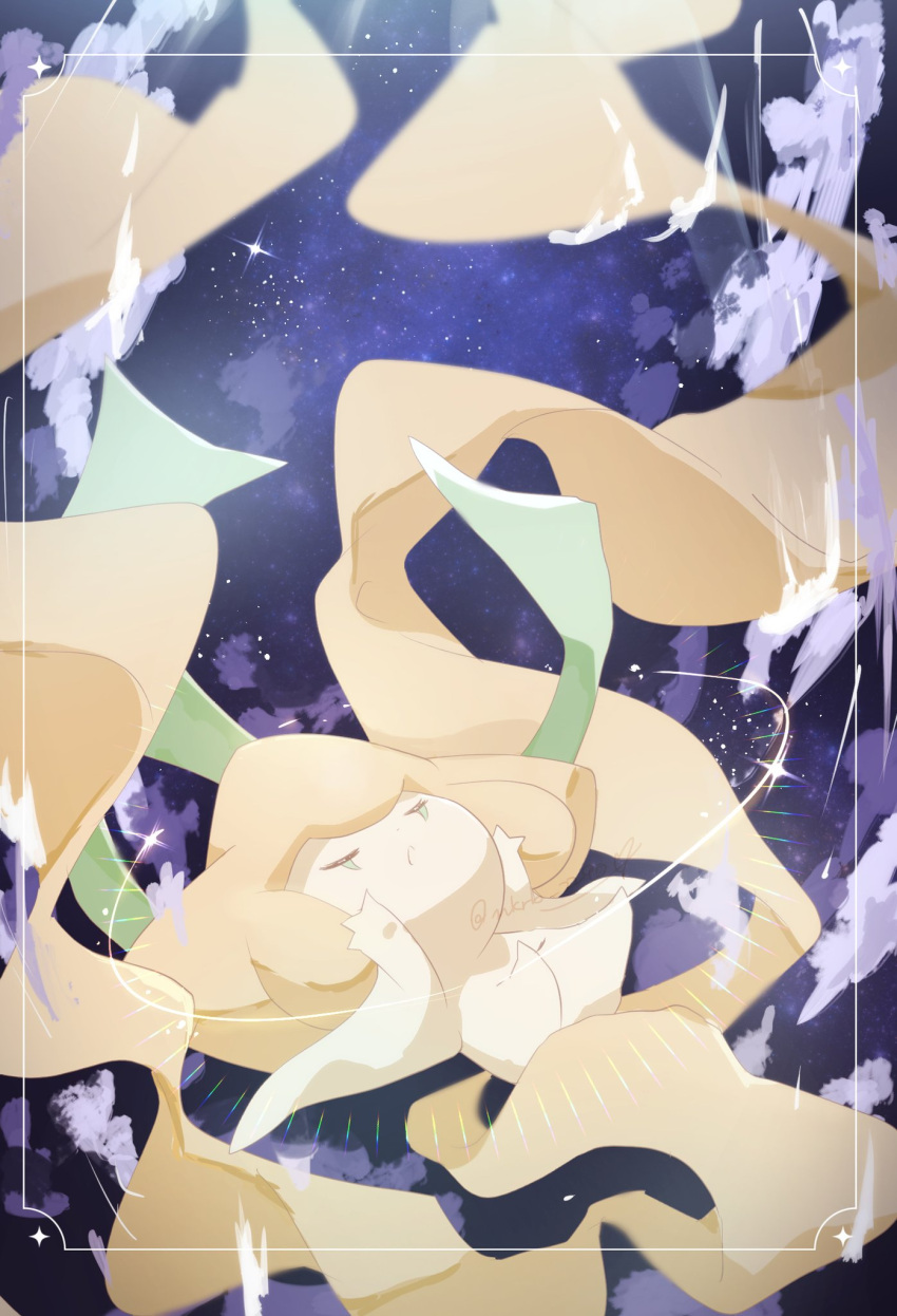 border closed_eyes cloud commentary emphasis_lines facial_mark facing_up floating highres jirachi mikurube_2290 no_humans parted_lips pokemon pokemon_(creature) polaris_(star) sky sparkle star_(sky) starry_sky twitter_username white_border