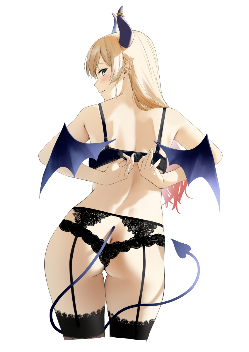 absurdres adjusting_bra adjusting_clothes arms_behind_back ass back bat_wings black_bra black_garter_belt black_panties black_thighhighs blonde_hair blush bra butt_crack cropped_legs demon_horns demon_tail from_behind garter_belt highres hololive horns lace-trimmed_garter_belt lace-trimmed_panties lace-trimmed_thighhighs lace_trim looking_at_viewer median_furrow panties pointy_ears profile sideways_glance simple_background smile tail thigh_gap thighhighs umakuchi_shouyu underwear underwear_only white_background wings yuzuki_choco