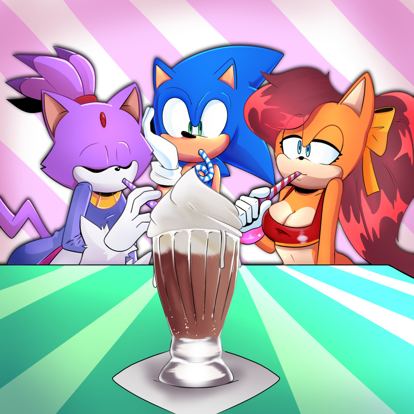 absurd_res anthro beverage blaze_the_cat blue_body blue_fur brown_hair clothed clothing domestic_cat eulipotyphlan felid feline felis female fur gloves green_eyes group hair handwear hedgehog hi_res male male/female mammal manx milkshake purple_body purple_fur sega sharing_milkshake simple_background smile sonic_the_hedgehog sonic_the_hedgehog_(series) sonic_x-treme straw tiara_boobowski trio zettoart