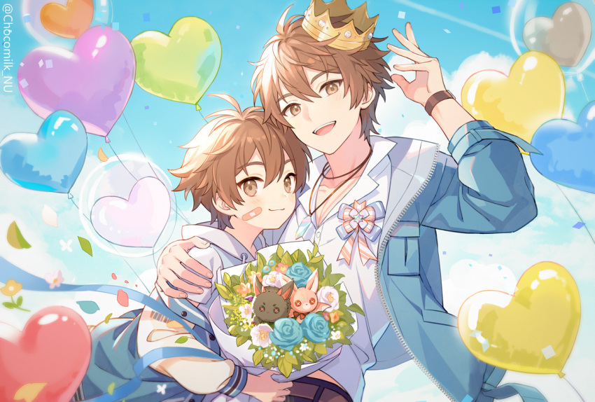 2boys aged_down aster_(nu_carnival) balloon bandaid bandaid_on_cheek bandaid_on_face bat_(animal) bishounen blue_flower blue_rose bouquet brown_eyes brown_hair chocomilk_nu clone crown eiden_(nu_carnival) flower gem holding holding_bouquet hug long_sleeves looking_at_viewer male_child male_focus morvay_(nu_carnival) multiple_boys nu_carnival open_mouth orange_flower pink_gemstone rose short_hair smile white_flower