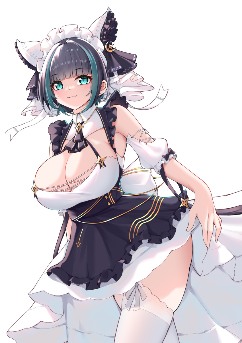 1girl absurdres animal_ears aqua_eyes arms_at_sides azur_lane black_hair blunt_bangs breasts catnnn cheshire_(azur_lane) cleavage closed_mouth cowboy_shot cross-laced_clothes detached_sleeves dress fake_animal_ears fang frilled_hairband frilled_ribbon frills grey_hair hairband highres large_breasts layered_skirt leaning_forward long_ribbon looking_at_viewer maid maid_headdress multicolored_hair puffy_detached_sleeves puffy_sleeves ribbon short_hair showgirl_skirt simple_background skin_fang skirt slit_pupils smile solo streaked_hair thighhighs white_background white_thighhighs wrist_cuffs zettai_ryouiki