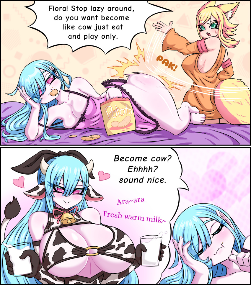 &lt;3 absurd_res animal_humanoid animal_print ara_ara bell big_breasts blonde_hair blue_eyes blue_hair blush bovid bovid_humanoid bovine bovine_humanoid breasts butt butt_slap canid canid_humanoid canine canine_humanoid cattle_humanoid chips_(food) cleavage clothed clothing collar comic cow_print cowbell duo eating english_text female food fox_humanoid glass_of_milk glistening glistening_body glistening_hair hair hi_res holding_glass holding_object horn humanoid imagination izfan lazy long_hair mammal mammal_humanoid milk nightgown pale_skin pink_body pink_eyes pink_nightgown pink_skin potato_chips slap smile speech_bubble tail tail_tuft text thick_thighs transformation tuft under_boob white_horn wide_hips