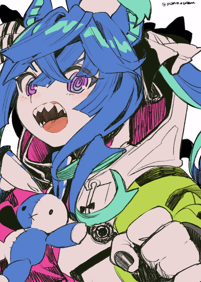 1girl @_@ ahoge amezawa_koma animal_ears aqua_hair black_nails blue_hair bow clenched_hand close-up commentary crossed_bangs hair_between_eyes hair_bow hatching_(texture) highres hood hoodie horse_ears horse_girl multicolored_clothes multicolored_hair multicolored_hoodie nail_polish open_mouth pastel_colors portrait purple_eyes sharp_teeth sidelocks solo striped striped_bow stuffed_animal stuffed_rabbit stuffed_toy symbol-only_commentary teeth twin_turbo_(umamusume) twintails twitter_username two-tone_hair umamusume