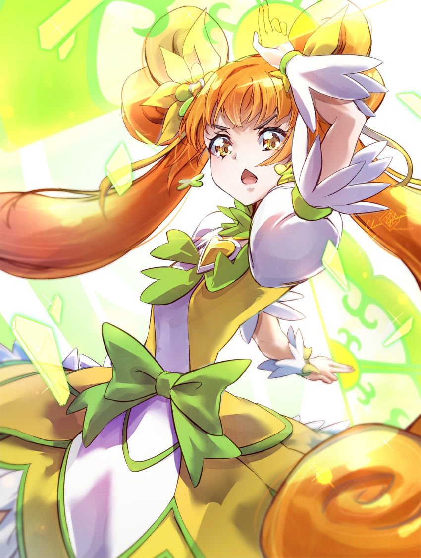 1girl clear_glass_(mildmild1311) commentary_request cure_rosetta dokidoki!_precure dress earrings eyelashes gloves hair_ornament highres jewelry long_hair looking_at_viewer magical_girl open_mouth orange_hair precure puffy_short_sleeves puffy_sleeves serious short_sleeves solo twintails white_gloves yellow_eyes yotsuba_alice