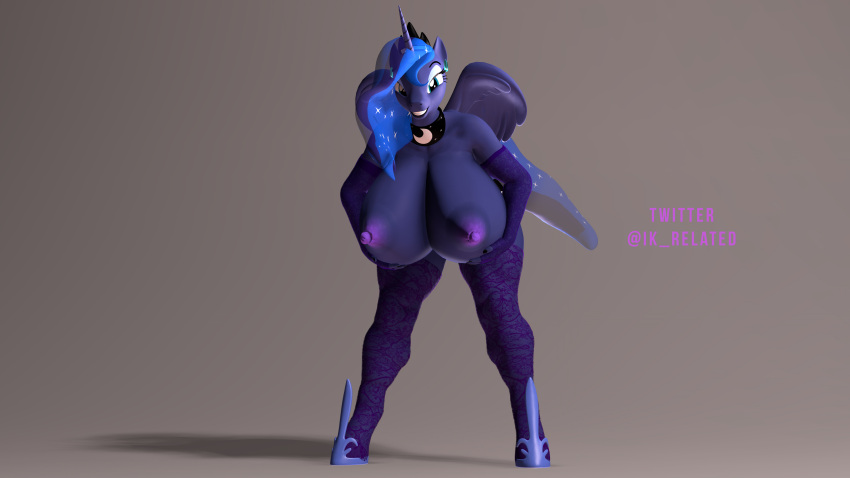 absurd_res andromorph anthro big_breasts blue_hair breasts equid equine feathered_wings feathers female friendship_is_magic hair hasbro hi_res horn horse ik_related intersex mammal my_little_pony nipples nude pony princess_luna_(mlp) simple_background smile solo wings