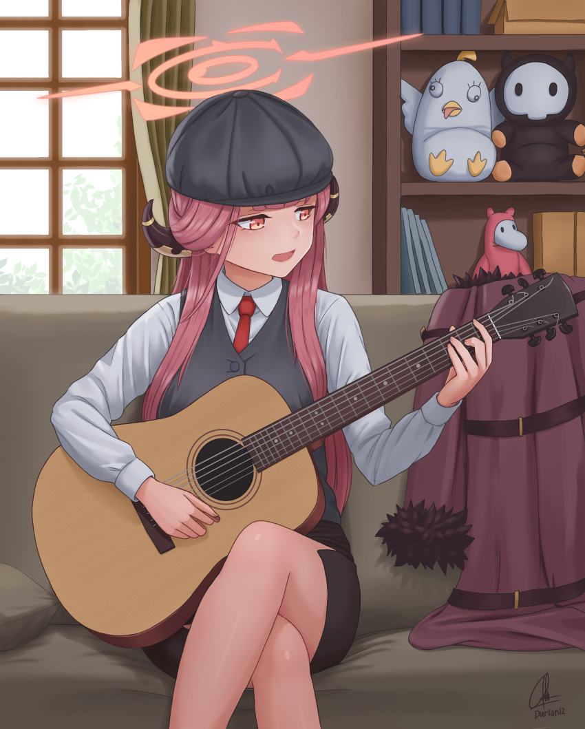 1girl :d absurdres acoustic_guitar aru_(blue_archive) black_skirt black_vest blue_archive blunt_bangs coat coat_removed collared_shirt commentary couch crossed_legs demon_girl demon_horns durian12 english_commentary facing_away fur-trimmed_coat fur_trim guitar halo hat high-waist_skirt highres holding holding_instrument horns indoors instrument long_bangs long_hair long_sleeves music on_couch orange_eyes pencil_skirt peroro_(blue_archive) playing_instrument red_hair school_uniform shirt sidelocks sitting skirt skullman_(blue_archive) smile solo vest window