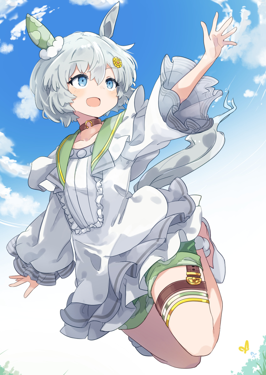 1girl :d animal_ears blue_sky choker commentary_request day ear_covers floating flower grey_hair hair_between_eyes hair_flower hair_ornament highres horse_ears horse_girl horse_tail looking_away outstretched_arm seiun_sky_(umamusume) short_hair single_ear_cover sky smile solo tail thigh_strap totomono umamusume