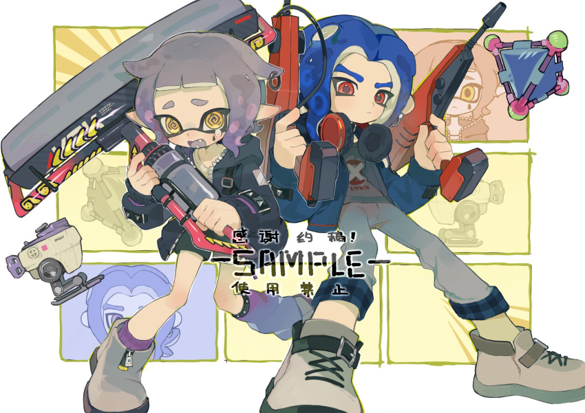 1boy 1girl @_@ autobomb_(splatoon) black_jacket black_shorts blue_hair blue_jacket blunt_bangs blush boots border carbon_roller_(splatoon) closed_mouth colored_tongue commentary_request dual_squelcher_(splatoon) dual_wielding facial_mark fang frown grey_footwear grey_pants grey_shirt gun hands_up headphones headphones_around_neck highres holding holding_paint_roller holding_weapon hood hood_down hooded_jacket inkling inkling_girl jacket long_sleeves looking_at_viewer octoling octoling_boy open_clothes open_jacket open_mouth outside_border p-pepper paint_roller pants parted_bangs pointy_ears print_shirt purple_hair purple_socks purple_tongue red_eyes sample_watermark shirt shoes short_eyebrows short_hair short_shorts shorts sidelocks socks splat_bomb_(splatoon) splatoon_(series) standing suction_cups tears tentacle_hair v-shaped_eyebrows watermark weapon white_border yellow_eyes zipper zipper_pull_tab