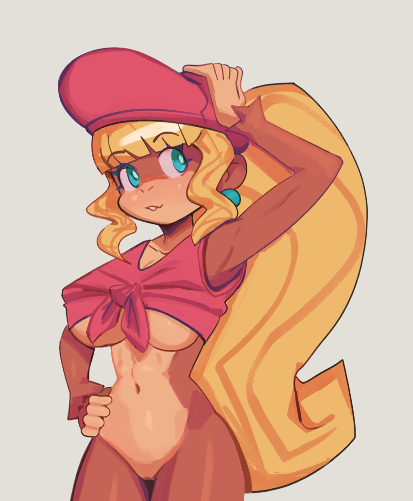 bangs beret big_breasts blonde_hair blue_eyes blunt_bangs bottomless bottomless_female breasts brown_body brown_fur clothed clothing collarbone dixie_kong donkey_kong_(series) ear_piercing ear_ring female fridge_(artist) fur grey_background hair hand_on_head hand_on_hip hat headgear headwear hi_res kong long_hair mammal nintendo piercing ponytail portrait primate ring_piercing shirt simple_background smile solo three-quarter_portrait tied_shirt topwear under_boob