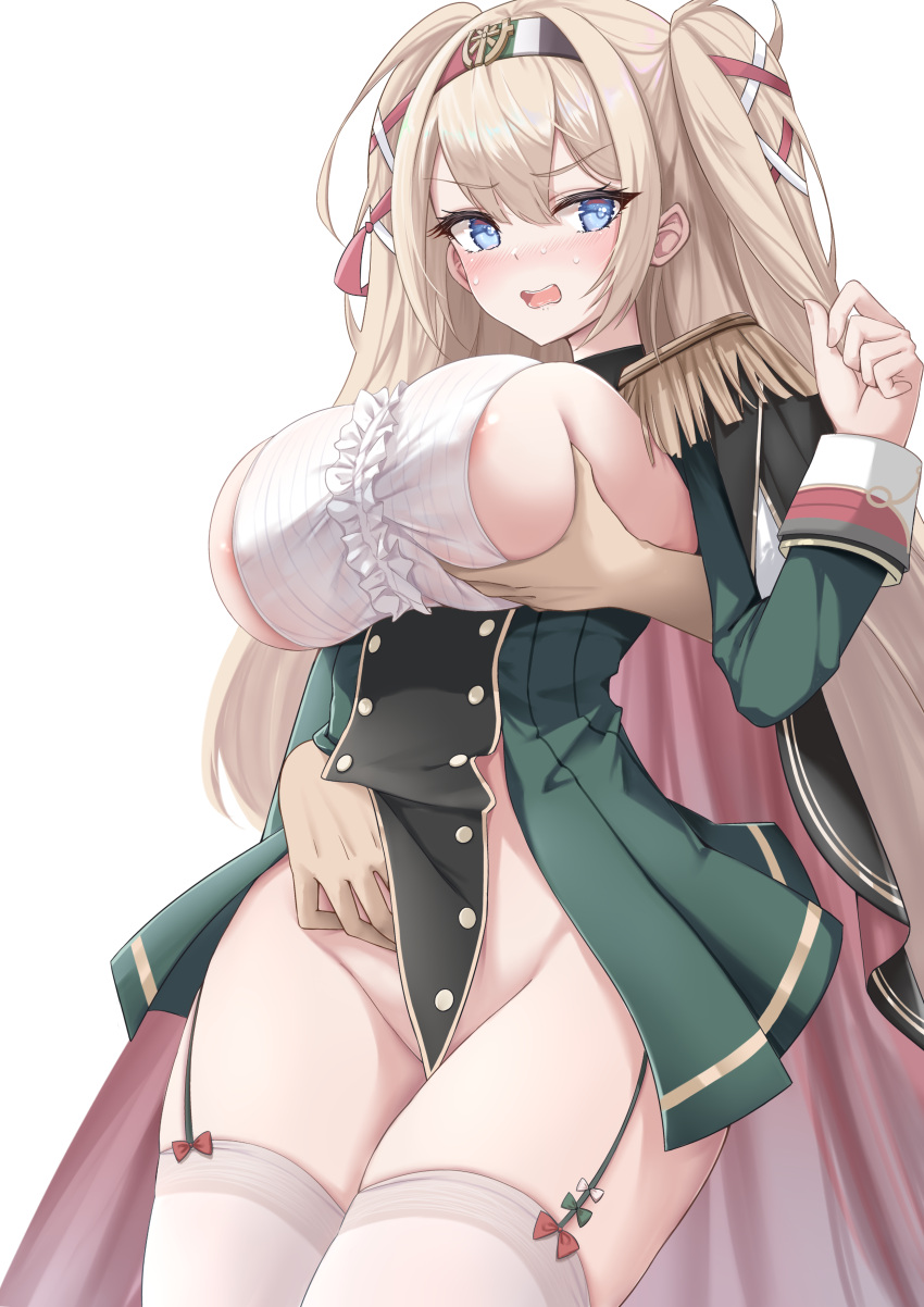 1girl absurdres areola_slip azur_lane black_cape blonde_hair blue_eyes blush breasts cape center_frills chinese_commentary commentary_request cowboy_shot disembodied_limb dress epaulettes framed_breasts frills garter_straps gorizia_(azur_lane) grabbing grabbing_another's_breast green_dress groin hair_between_eyes hair_ribbon hairband hand_up highres imminent_fingering large_breasts long_hair long_sleeves looking_back nose_blush open_mouth qian_hen red_ribbon ribbon shirt sideboob sidelocks simple_background skindentation solo_focus standing sweat thighhighs two_side_up white_background white_ribbon white_shirt white_thighhighs