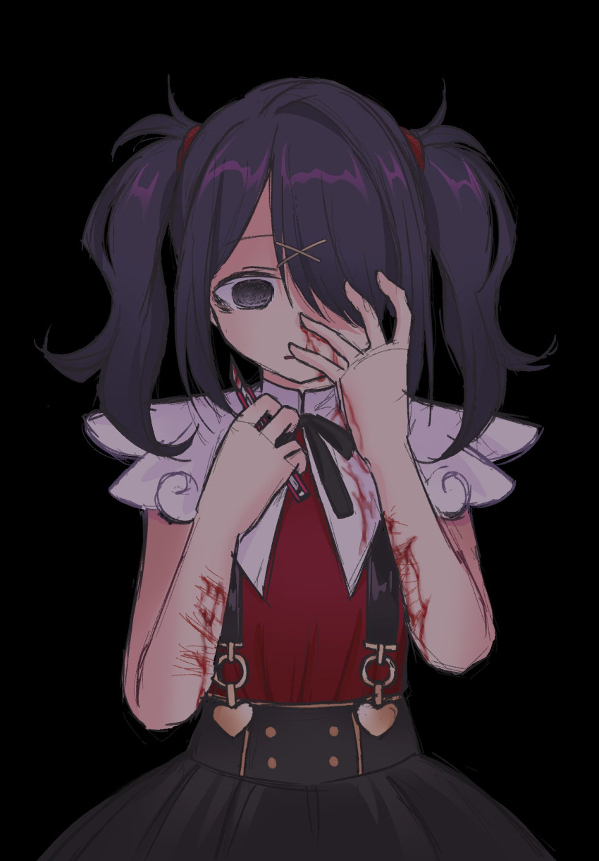1girl ame-chan_(needy_girl_overdose) black_background black_eyes black_hair black_ribbon black_skirt bleeding blood blood_on_arm blood_on_face boxcutter collar collared_shirt commentary hair_ornament hair_over_one_eye hair_tie hairclip highres holding_boxcutter human_experiment_(wwinterdotcom) neck_ribbon needy_girl_overdose red_shirt ribbon self_harm shirt shirt_tucked_in simple_background skirt solo suspender_skirt suspenders symbol-only_commentary twintails white_collar wrist_cutting x_hair_ornament