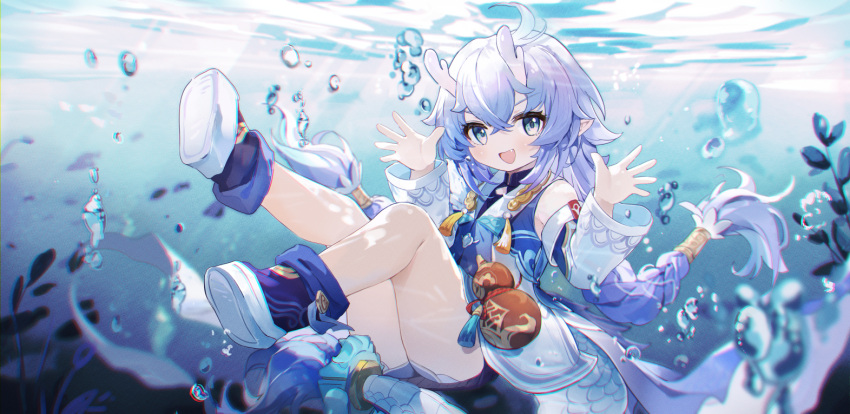 1girl bailu_(honkai:_star_rail) bare_legs blue_dress blue_eyes blue_footwear braid commentary coria crossed_bangs detached_sleeves dragon_girl dragon_horns dragon_tail dress fang full_body gourd hair_tubes honkai:_star_rail honkai_(series) horns legs_up long_hair long_sleeves open_mouth purple_hair short_dress sleeveless sleeveless_dress solo symbol-only_commentary tail tassel thighs twin_braids underwater white_sleeves wide_sleeves
