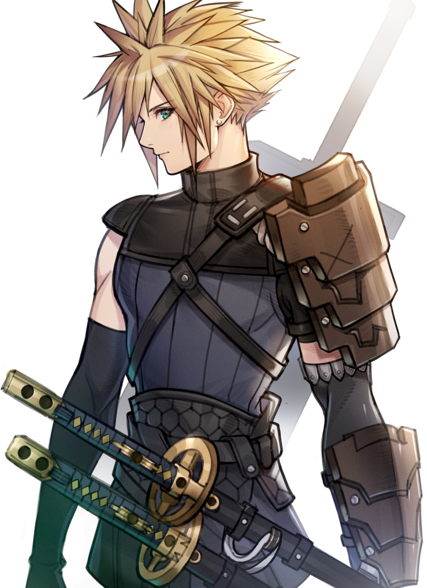 1boy absurdres blonde_hair cloud_strife elbow_gloves final_fantasy final_fantasy_vii final_fantasy_vii_ever_crisis gloves highres katana looking_at_viewer lukrevadraws official_alternate_costume ribbed_sweater sheath single_off_shoulder solo spiked_hair sweater sweater_vest sword weapon white_background