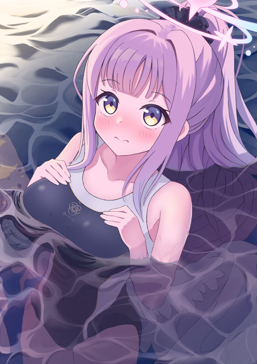 1girl absurdres angel_wings black_one-piece_swimsuit blue_archive blunt_bangs blush collarbone commentary_request competition_swimsuit efu_(ehutan) feathered_wings from_above frown hair_ornament hair_scrunchie halo highres in_water long_hair looking_at_viewer looking_up mika_(blue_archive) official_alternate_costume official_alternate_hairstyle one-piece_swimsuit outdoors partially_submerged pink_hair ponytail pool scrunchie sidelocks sleeveless solo swimsuit wet wet_clothes wet_swimsuit white_wings wings yellow_eyes
