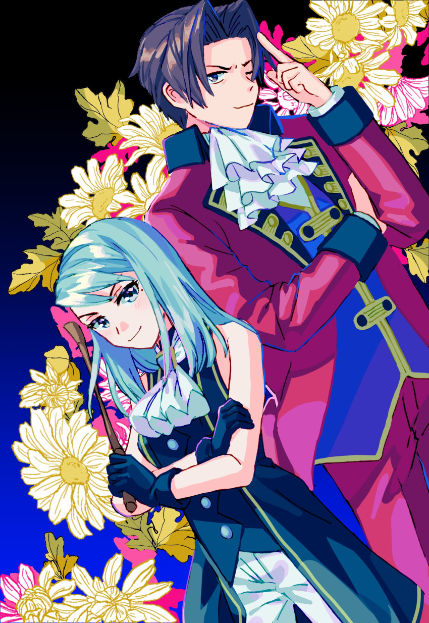1boy 1girl ;) absurdres ace_attorney ace_attorney_investigations ascot black_gloves blue_eyes blue_hair brooch brown_eyes brown_hair child crossed_arms female_child floral_background franziska_von_karma gloves hand_up highres jabot jewelry light_blue_hair long_sleeves miles_edgeworth one_eye_closed oshaberi_usagi parted_bangs red_suit sleeveless smile suit