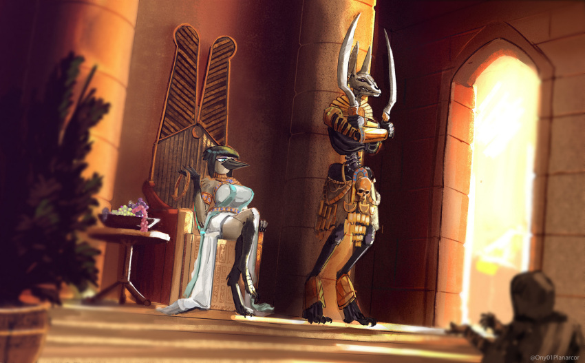 2023 anthro anubian_jackal armor audience avian beak bird bone breasts canid canine canis chair claws clothing corvid crown decoration dress egyptian fantasy feathers female food fruit furniture gold_(metal) grape group guard headgear hi_res hieroglyphics intimidation jackal magpie_(corvid) mammal melee_weapon mistress nipples ony01 ornate oscine passerine plant playful public queen renpet_(davidsch) robed royalty ruler skeleton sun sword talons thick_thighs throne tiara undead weapon