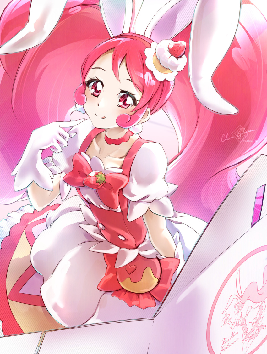 1girl animal_ears cake cake_hair_ornament choker clear_glass_(mildmild1311) cure_whip dress earrings extra_ears food food-themed_hair_ornament food-themed_ornament gloves hair_ornament highres jewelry kirakira_precure_a_la_mode long_hair looking_at_viewer magical_girl pink_choker pink_corset pink_eyes pink_footwear pink_hair pom_pom_(clothes) pom_pom_earrings pouch precure rabbit_ears smile solo strawberry_shortcake twintails usami_ichika white_gloves