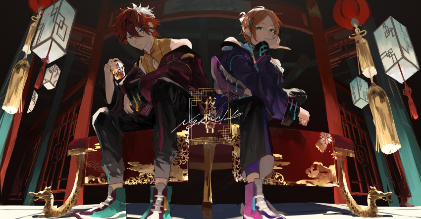 2boys :3 absurdres alcohol amagi_rinne aoi_yuta architecture black_pants blue_eyes blue_shirt chair chinese_clothes cup double-parted_bangs east_asian_architecture ensemble_stars! figure_four_sitting full_body green_eyes green_footwear hair_between_eyes hair_ornament hairclip half_updo head_rest high_tops highres holding holding_cup ice ice_cube index_finger_raised indoors jacket lantern lattice leggings long_sleeves looking_at_viewer makimaki3846 male_focus multiple_boys off_shoulder official_alternate_costume open_clothes open_jacket orange_hair pants paper_lantern parted_bangs parted_lips pink_footwear purple_jacket purple_leggings red_hair red_jacket shirt shoes short_hair sitting sleeveless sleeveless_shirt sneakers tassel tile_floor tiles v-shaped_eyebrows yellow_shirt