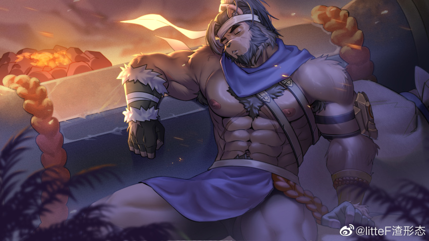 1boy abs armpit_hair armpit_hair_peek artist_request bara beard bracer brown_fur character_request chest_belt chest_tuft copyright_request facial_hair feet_out_of_frame furry furry_male headband high_ponytail highres large_pectorals leather_belt male_focus manspreading molten_rock muscular muscular_male nipples pectorals pelvic_curtain short_hair sitting sleeping solo stomach thick_eyebrows thick_thighs thighs topless_male white_headband