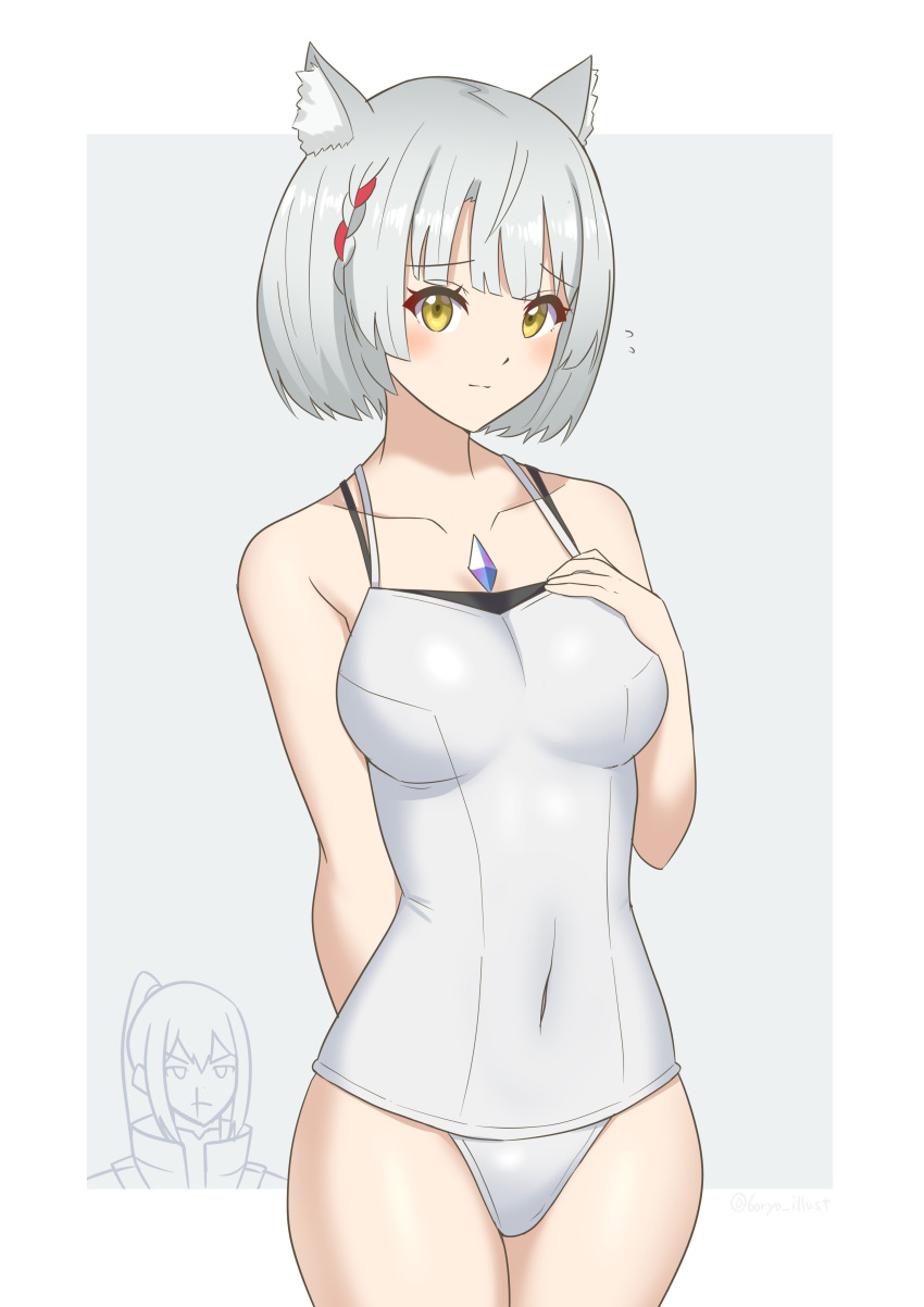 1girl absurdres alternate_costume animal_ears blood blush breasts cat_ears chest_jewel commentary_request covered_navel highres looking_at_viewer medium_breasts mio_(xenoblade) nervous noah_(xenoblade) nosebleed one-piece_swimsuit ryochan96154 short_hair simple_background swimsuit white_hair xenoblade_chronicles_(series) xenoblade_chronicles_3 yellow_eyes