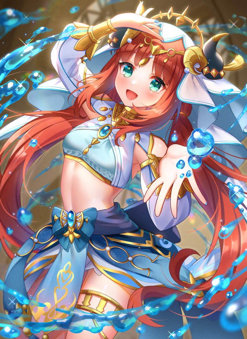 1girl absurdres arm_up bangs bloomers blue_gemstone blue_nails blue_skirt blush bracer breasts brooch circlet commentary_request crop_top detached_sleeves fake_horns gem genshin_impact gold_trim green_eyes hand_up harem_outfit highres horns jewelry long_hair long_sleeves looking_at_viewer low_twintails neck_ring nilou_(genshin_impact) open_mouth parted_bangs red_hair sidelocks skirt small_breasts smile solo stomach thighlet twintails umishima_rinta underwear veil water white_bloomers white_veil