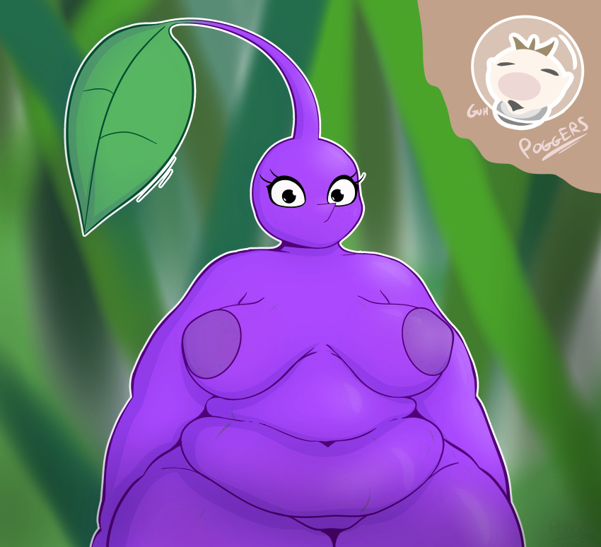 2023 absurd_res anthro areola belly_overhang duo elemental_creature female flora_fauna hi_res male male/female morbidly_obese morbidly_obese_female mouthless nintendo obese obese_female olimar overweight overweight_female pikmin pikmin_(species) plant pogchamp puhba weight_gain
