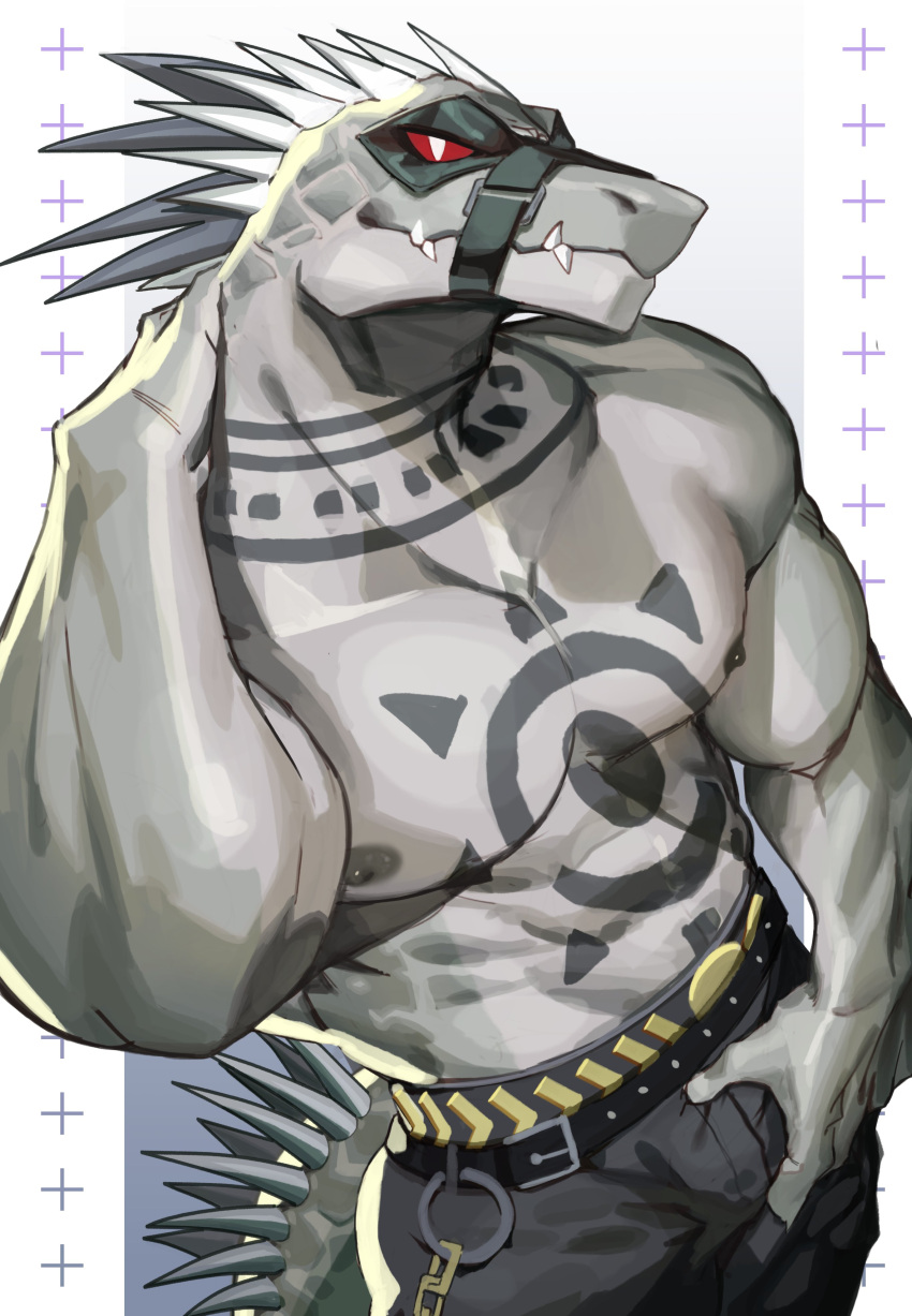 absurd_res anthro athletic daylon_(dislyte) dislyte hi_res looking_at_viewer male muscular nipples pose reptile scalie shirtless solo tokuni