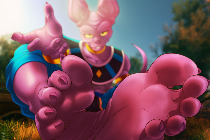 3rdharleyjoe 5_fingers 5_toes anthro barefoot beerus bracelet claws dragon_ball dragon_ball_super feet felid feline fingers foot_focus forest hi_res jewelry looking_at_viewer male mammal outside plant plantigrade sitting soles solo tail toe_claws toes tree